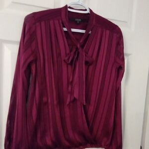 Guess Burgundy Sheer Tonal Striped Faux Wrap Tie Neck Blouse